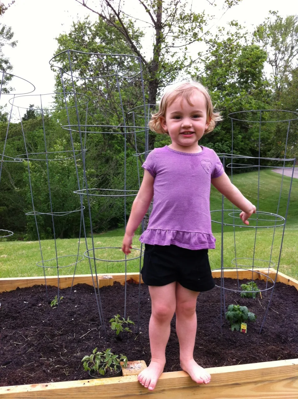 With a little help, Abby planted seven tomato plants and one red bell pepper plant in her garden today. Afterwards, she rewarded her hard work with a run through the sprinkler.