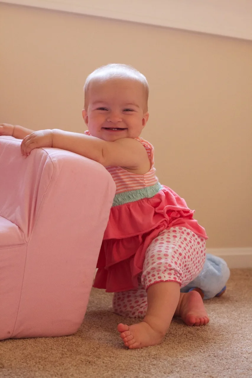 Eight and a half months old! Lots of baby talk (“ma!”) and crawling (attempts by Gwen and rapid acceleration by Josie). Favorite foods right now are cheese and bananas.