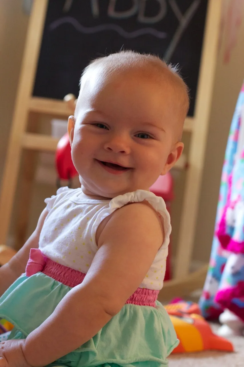 Eight and a half months old! Lots of baby talk (“ma!”) and crawling (attempts by Gwen and rapid acceleration by Josie). Favorite foods right now are cheese and bananas.