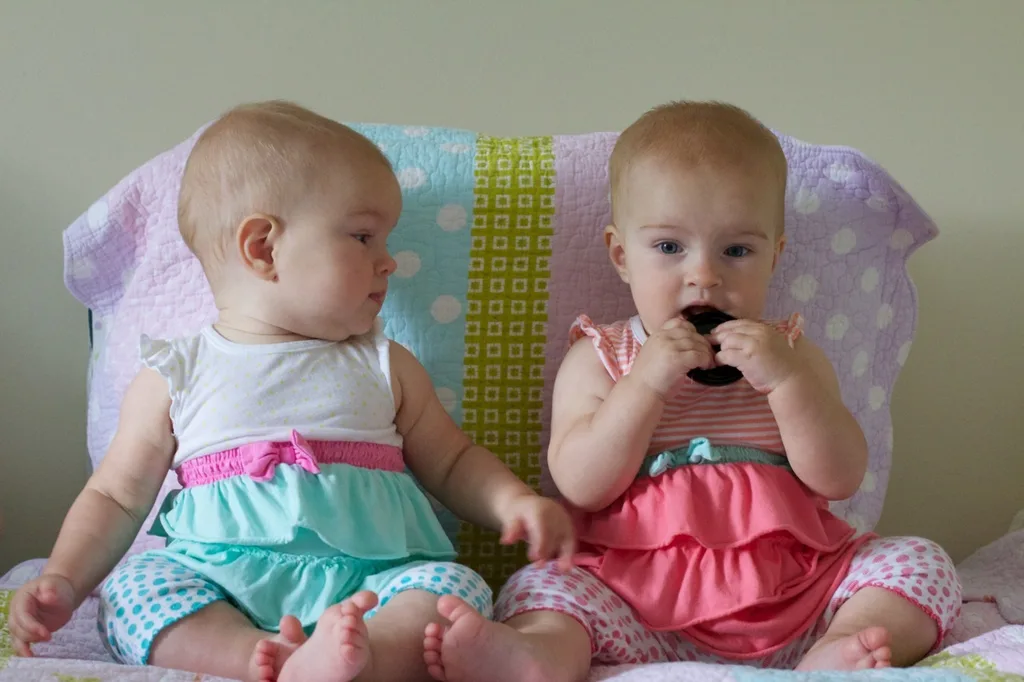 Eight and a half months old! Lots of baby talk (“ma!”) and crawling (attempts by Gwen and rapid acceleration by Josie). Favorite foods right now are cheese and bananas.