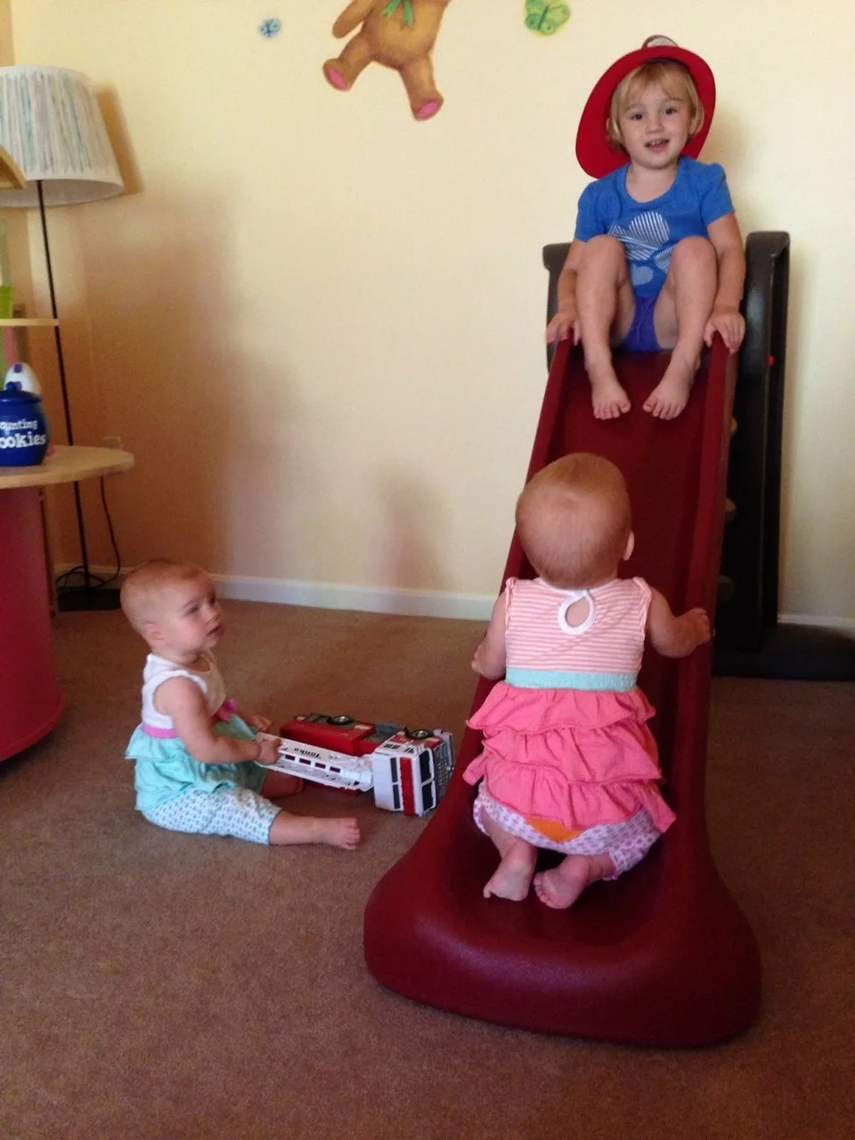 We had a really good weekend! John took the day off work on Friday and we all went to Totter Otterville with our neighbor and her grandson. The play area was a bit dated, but it was clean and the kids had a blast. Abby especially liked fishing and playing in the ball pit. Josie liked the dance studio. (Gwen did too, but we weren’t very good at taking pictures.) And, speaking of dance, on Saturday, Abby got her first pairs of tap and ballet shoes. Our house is noisier and even happier as a result. These pictures capture or weekend. Be especially sure to notice the happy babies eating steak!