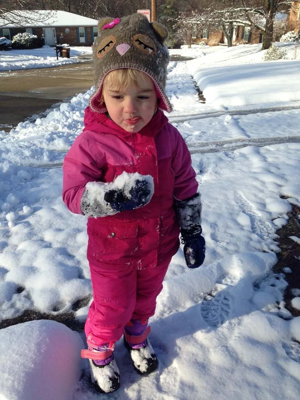 With more snow coming soon, I was reminded that I didn’t post any photos from our last big snowstorm. John and I had a great time taking Abby outside. Abby loves to ride her sled, make snow angels, stomp around, toss snowballs, and eat snow. Yes, she really likes to EAT snow.