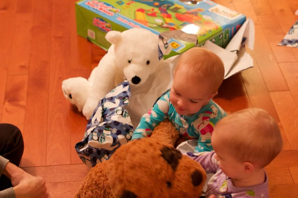 This was our best Christmas morning so far. Abby woke up first, and was surprisingly willing to let the presents sit untouched while we waited for her sisters to wake up. Josie was the second to wake, but no such luck with her. She wanted to investigate! We ended up encouraging Gwen to get out of bed so we could see what Santa brought us.

The girls had lots of fun opening their gifts, and giving gifts. The highlights were a toy train set, an indoor trampoline, some very cute animal hats and gloves, and a bright red toy monster truck for Papa, who just wanted a nice German car. (That was Abby’s gift to John. She looked at Papa’s preferred cars at the store and said they were “too grey, too blue, too boring.” She instead bought a fire truck for Josie, a camper with a beach scene for Gwen, and the monster truck for John. No sports cars for her!)

We took lots of pictures, but Tumblr only allows ten per post. (Sigh.) Christmas afternoon coming next.