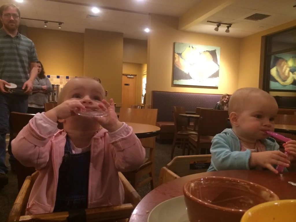 Since Abby got to visit the Festival of Lights and sleep over at Grandma and Grandpa’s house, we decided to use the gift card Tim gave us to Panera. The babies loved the experience. We greatly enjoyed a meal prepared by someone else. Most importantly, we could imagine taking all three girls out to dinner sometime soon. That may sound like something minor, but we haven’t been brave enough to try it yet!