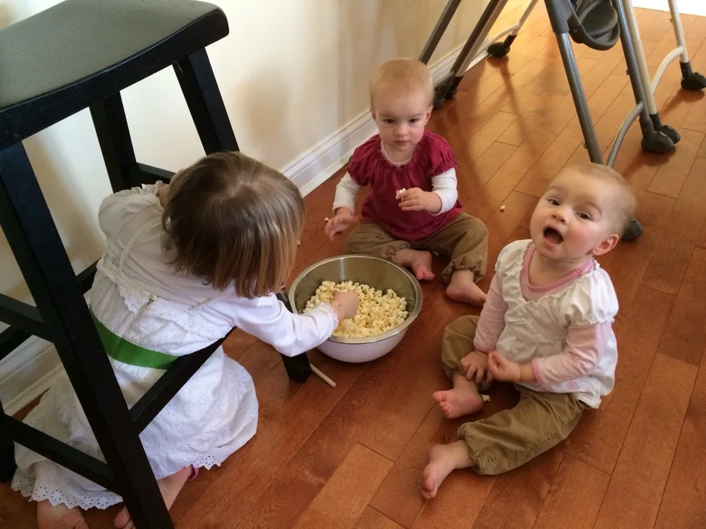 What a day! We had lots of fun today, but it was also highly unusual. The babes decided to sleep in until eight this morning and so were not interested in taking their morning nap. I tried to get all three girls to take an afternoon nap after lunch, but Abby would not fall asleep. After lots of “Mama, can I get up,” I gave up and took her outside to play in the snow while Gwen and Josie snoozed. We came in when they woke up, made some popcorn, and enjoyed an afternoon of dancing. It was a fun day, but tiring. I’m not ready to lose my afternoon nap!