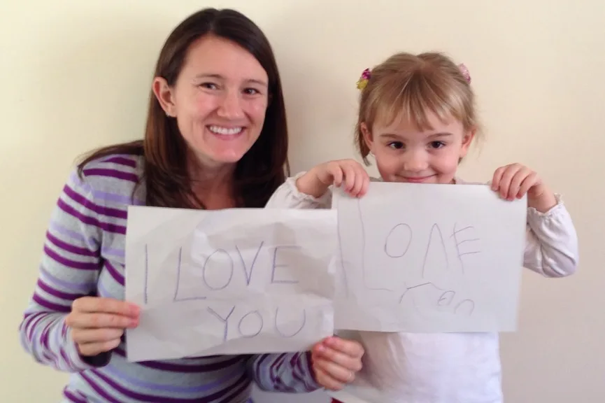 Our Abby Girl is suddenly very interested in learning to write letters. Well, actually she’s very interested in writing “I love you” signs, “like the kids in the Taylor Swift video.” Progress is progress. Right?