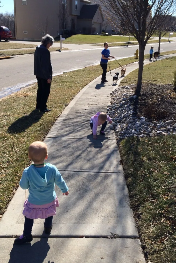 We enjoyed a prelude to spring today with a nice walk around the cul-de-sac at Auntie Mel’s house. We had a fun first too. The babies very happily did their own walking!