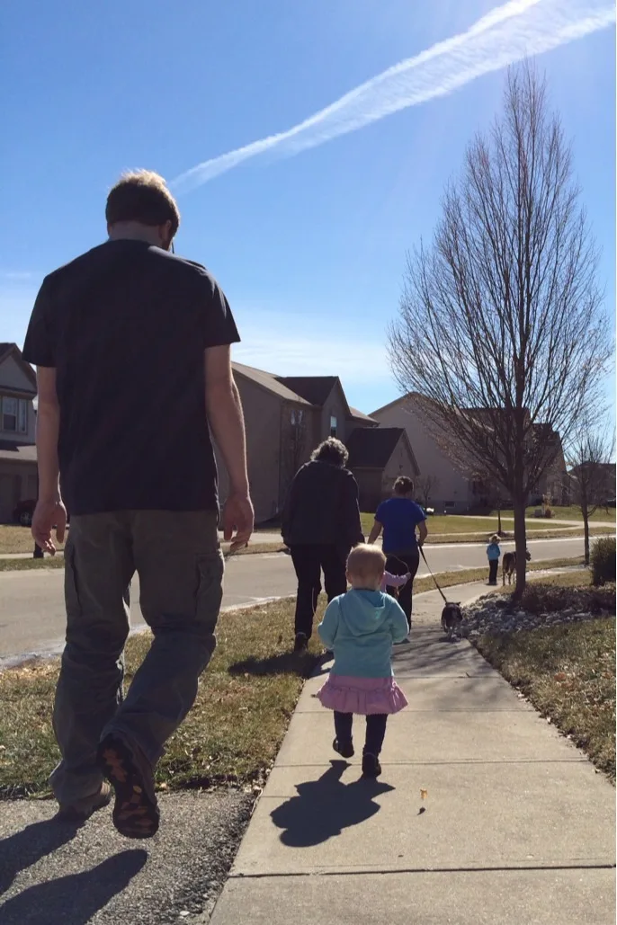 We enjoyed a prelude to spring today with a nice walk around the cul-de-sac at Auntie Mel’s house. We had a fun first too. The babies very happily did their own walking!