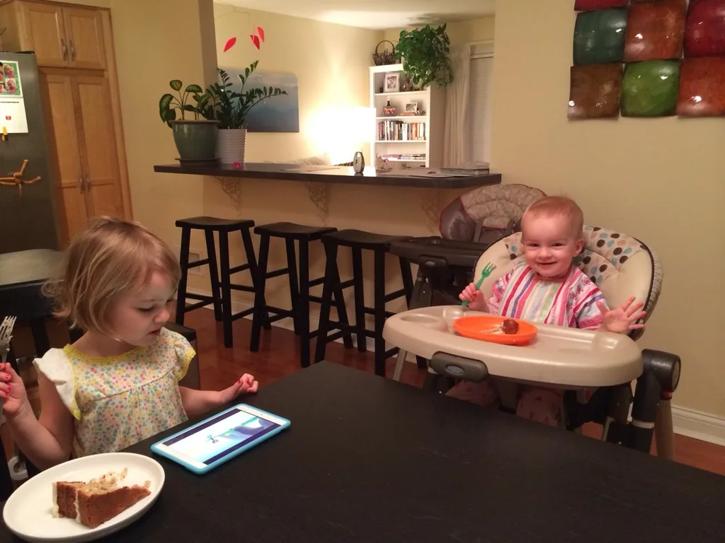 After being awake for a few minutes this morning Abby asked: “Mom, can I have a little snack?” Sure, I replied. What would you like? “Cake!” Josie liked that idea too. It’s a good thing hummingbird cake is pretty healthy.