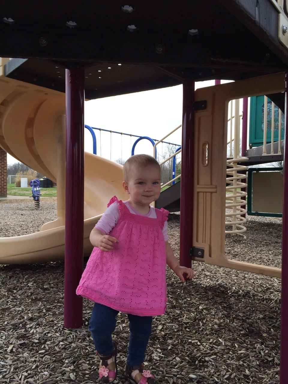 The girls and I took a walk to the park this afternoon. It was a good thing that John met us there with the van after work because they wore themselves out! I’m amazed by how far they can walk (all the way around the ½ mile path at Freedom Park) and how fearless they are on the play structures.