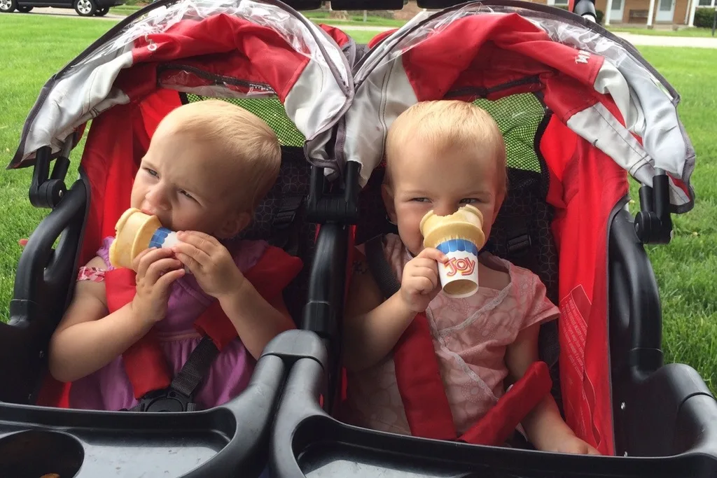 Ah, what a good day today turned out to be! I mostly wrote the day off this morning since I knew Gwen and Josie would get their eighteen month shots today, but, apparently, they’re troopers! After their afternoon naps, we took a nice long walk to get ice cream. Then after dinner, my helpers assisted me with turning over the garden bed while Papa mowed the grass. They even had a good time on the swings.