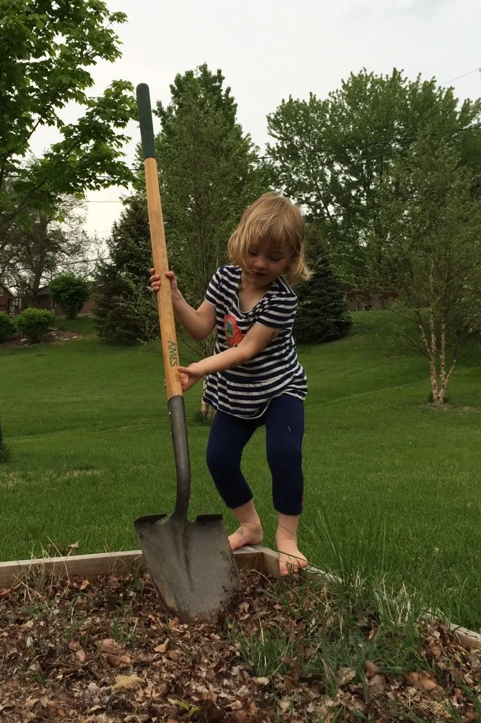 Ah, what a good day today turned out to be! I mostly wrote the day off this morning since I knew Gwen and Josie would get their eighteen month shots today, but, apparently, they’re troopers! After their afternoon naps, we took a nice long walk to get ice cream. Then after dinner, my helpers assisted me with turning over the garden bed while Papa mowed the grass. They even had a good time on the swings.