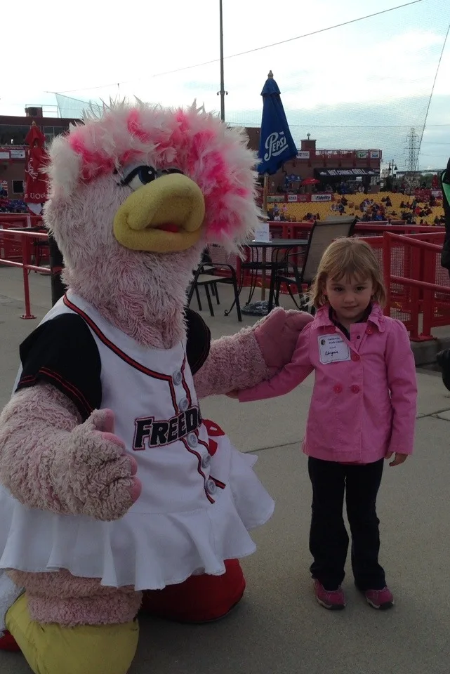 The KCPL held their annual volunteer appreciation event at the Florence Freedom minor league baseball park. We didn’t watch much of the game, but we still had a really good time. The girls especially enjoyed the kids play area, the cupcakes, and Belle, the mascot. It took some patience and encouragement to get them to interact with her, but after awhile they were fans.