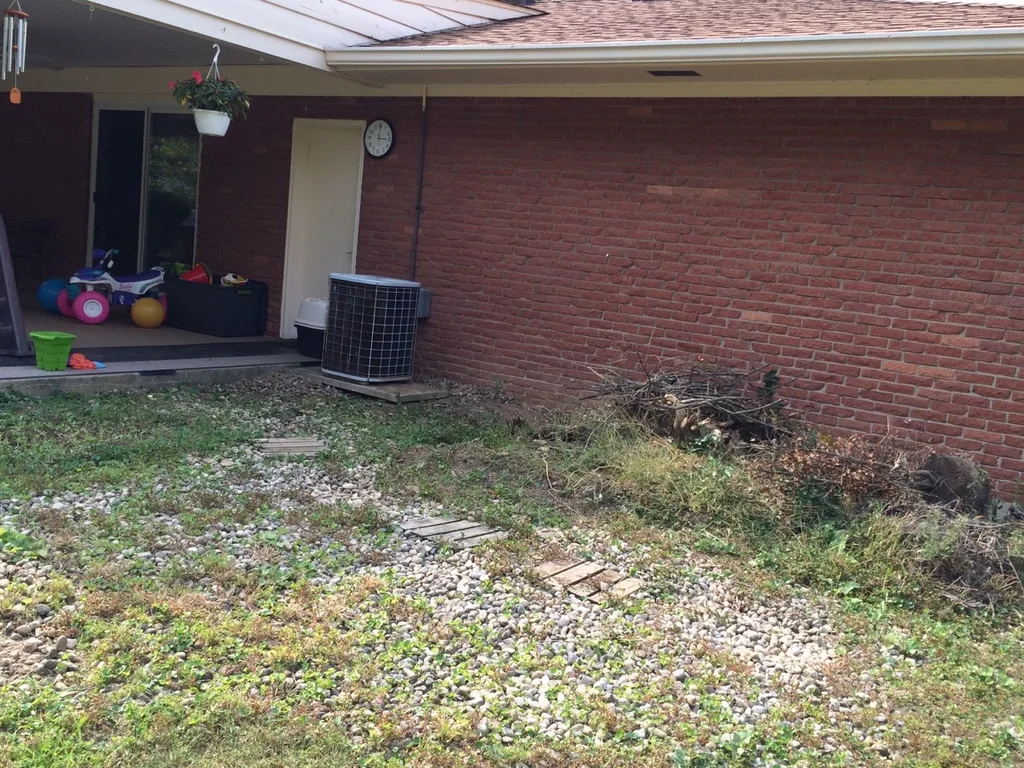We’re ready for spring gardening and deck work! These are before and after photos of the first few steps (kill and pull tons of weeds, move lots and LOTS of rocks, prep first two garden beds).