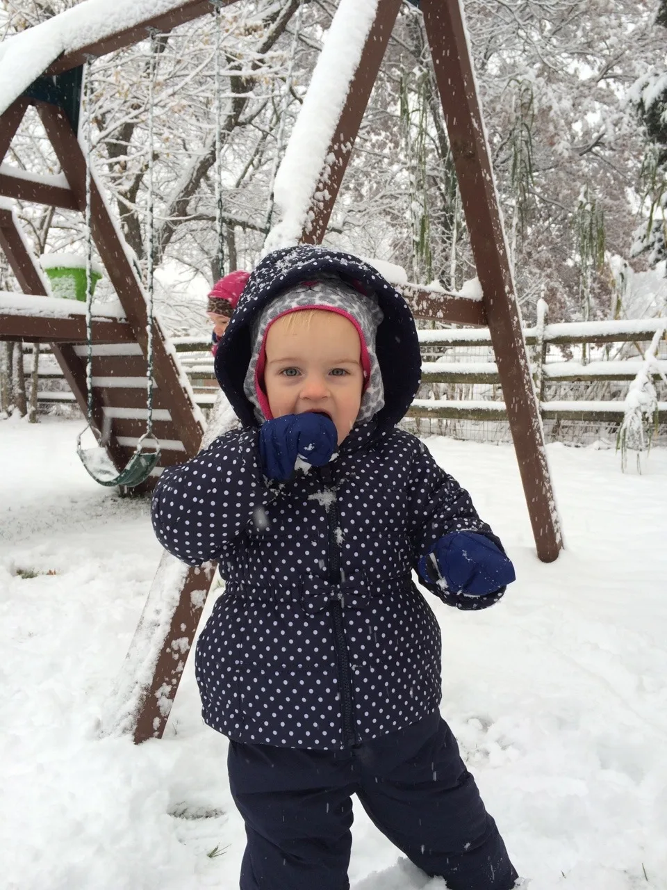 The girls played outside for an hour today. Yay for snowsuits, waterproof gloves, and snow boots. Too bad I don’t have snow boots or a snowsuit. Guess what I’m asking Santa (John) for this year.