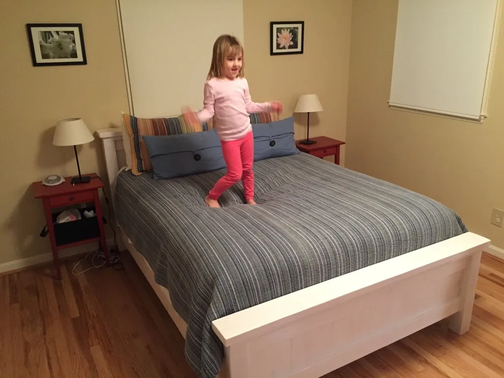 That took longer than I expected.

After two and a half months (and a herniated disc), we have a bed. We like it, and so do our bouncing girls.