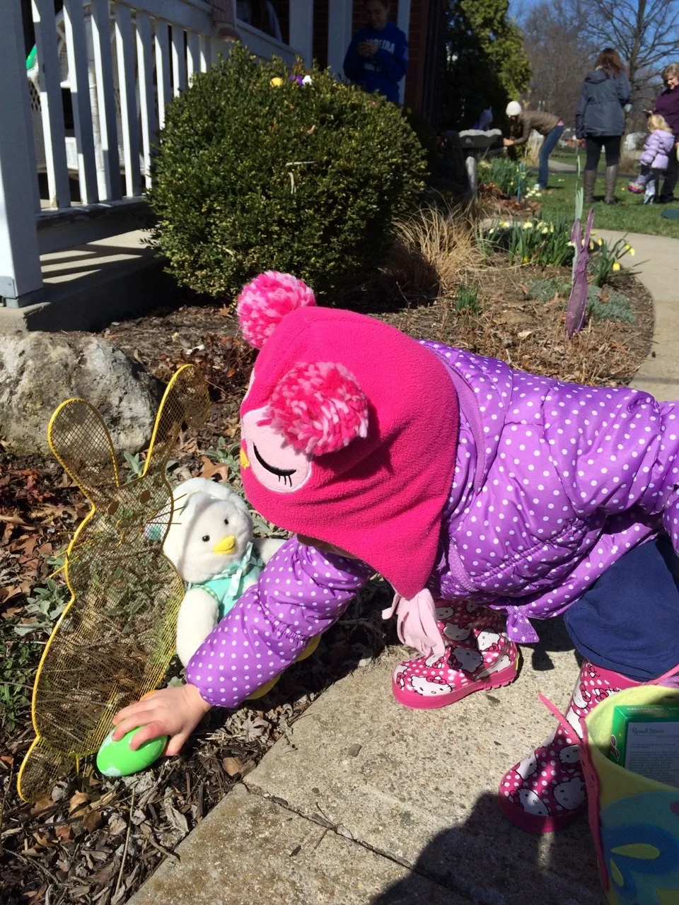 What a fun day! We enjoyed a Madeira Moms Easter Egg hunt at a park this morning, and then a neighborhood hunt at a neighbor’s house this afternoon. It was really cool to see just how many little kids actually live in our neighborhood. Lots! And by far, the funniest story from today was that this morning Josie filled her basket with only white eggs.