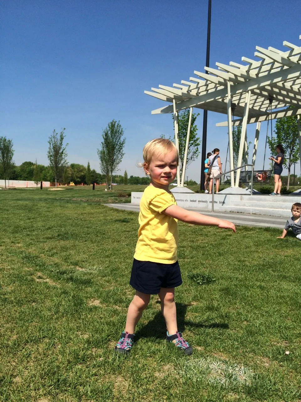 It felt like summer today! We got all hot and sweaty with a Madeira Moms playgroup at the new Blue Ash Summit Park. The girls enjoying playing on the awesome (albeit sun-drenched) play structure, swinging on the over-sized porch swings, and doing “tricks” on the great lawn. They capped off the fun by cooling off in their backyard pool. I hope they take great naps because all that sun and excitement sure wore me out!