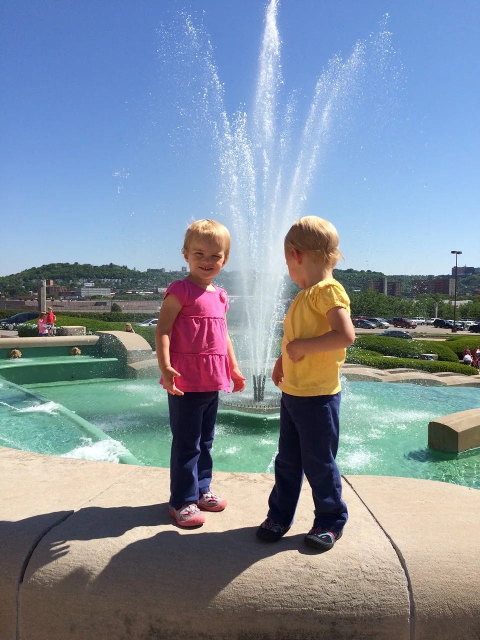 Oh what fun! The girls got a little wet, but loved being up close as they turned on the fountain at the Museum Center today.