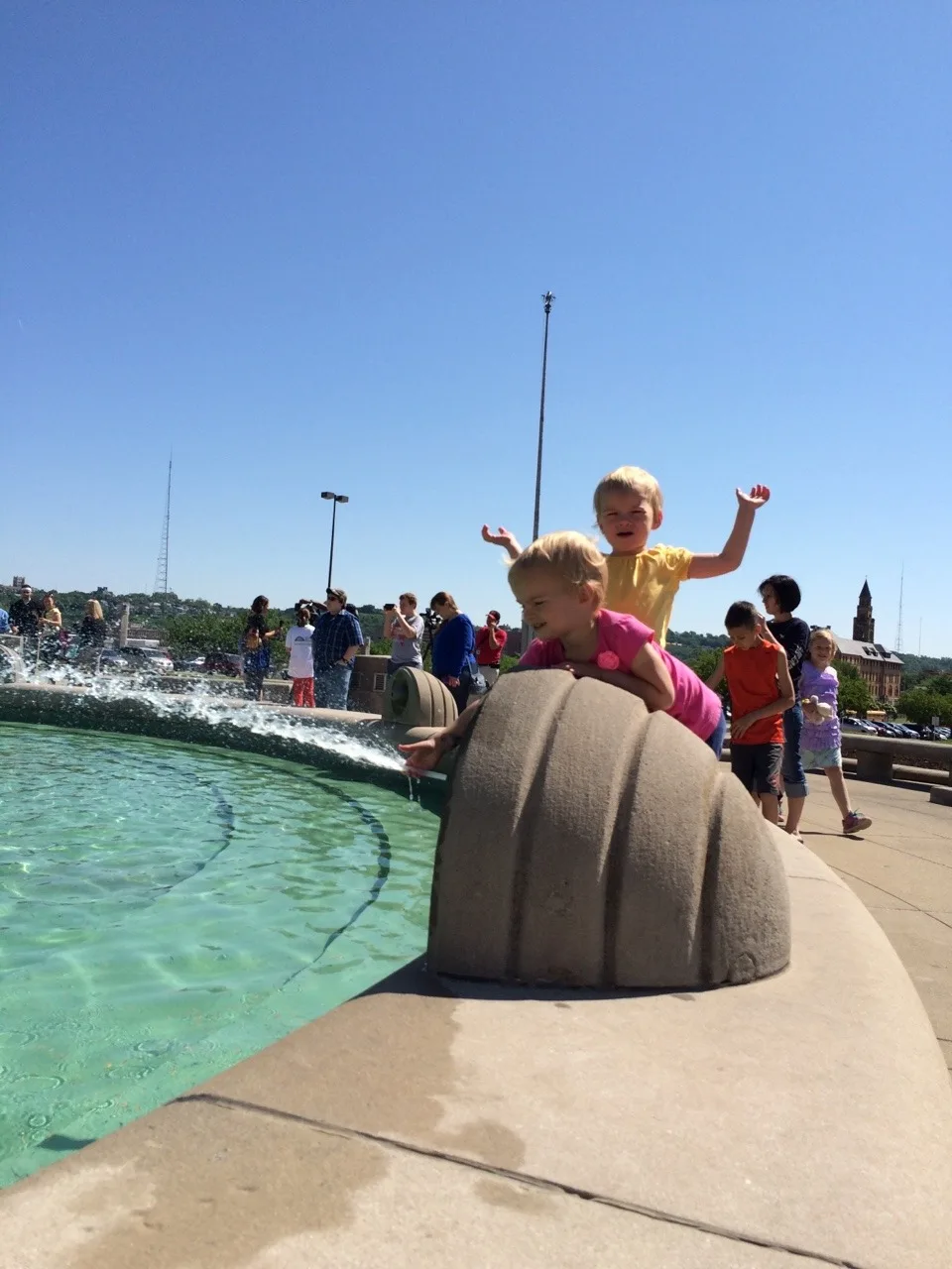 Oh what fun! The girls got a little wet, but loved being up close as they turned on the fountain at the Museum Center today.