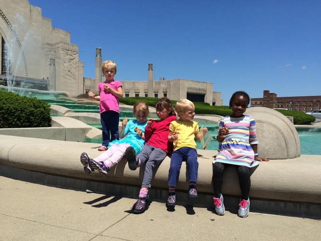 Oh what fun! The girls got a little wet, but loved being up close as they turned on the fountain at the Museum Center today.