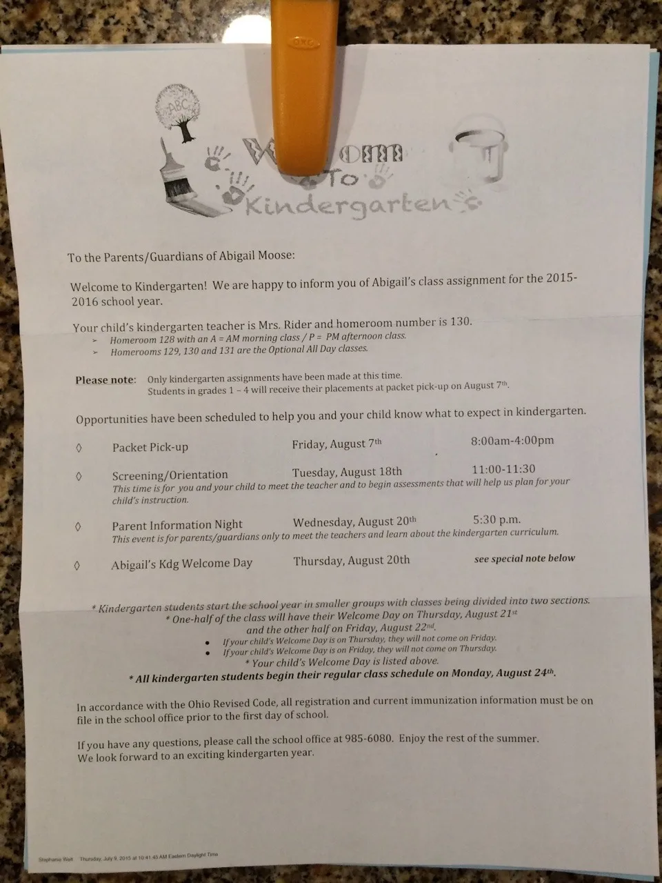 Another step towards kindergarten occurred today. We received the letter with Abby’s class placement information from Madeira City Schools. It seemed like a momentous occasion since we have so many friends and acquaintances now with kids who are entering kindergarten. There are five classes, and so lot’s of talk today about who got which teacher. I had assumed that they would all be good (it is Madeira!), but I guess some are still preferred over others. I’m pleased to know now that Abby will be in class with a very well-liked teacher. This is very important since everything she really needs to know she’ll learn in kindergarten, right?