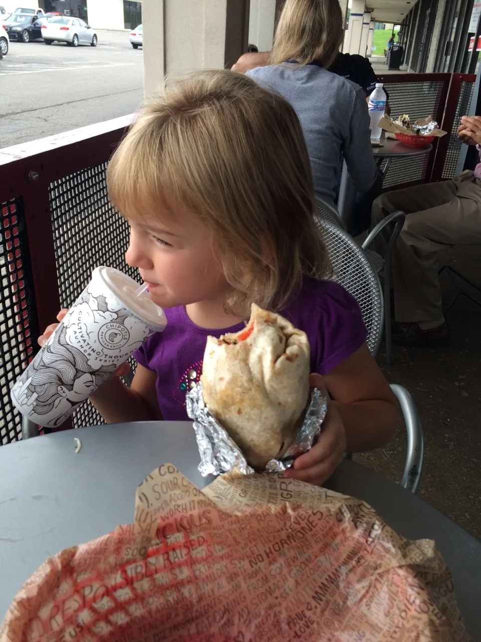 One last Mama and Abby day before school starts. Pumping water and finding frogs at the Highfield Discovery Garden was fun, but eating a burrito almost as big as your head was amazing.