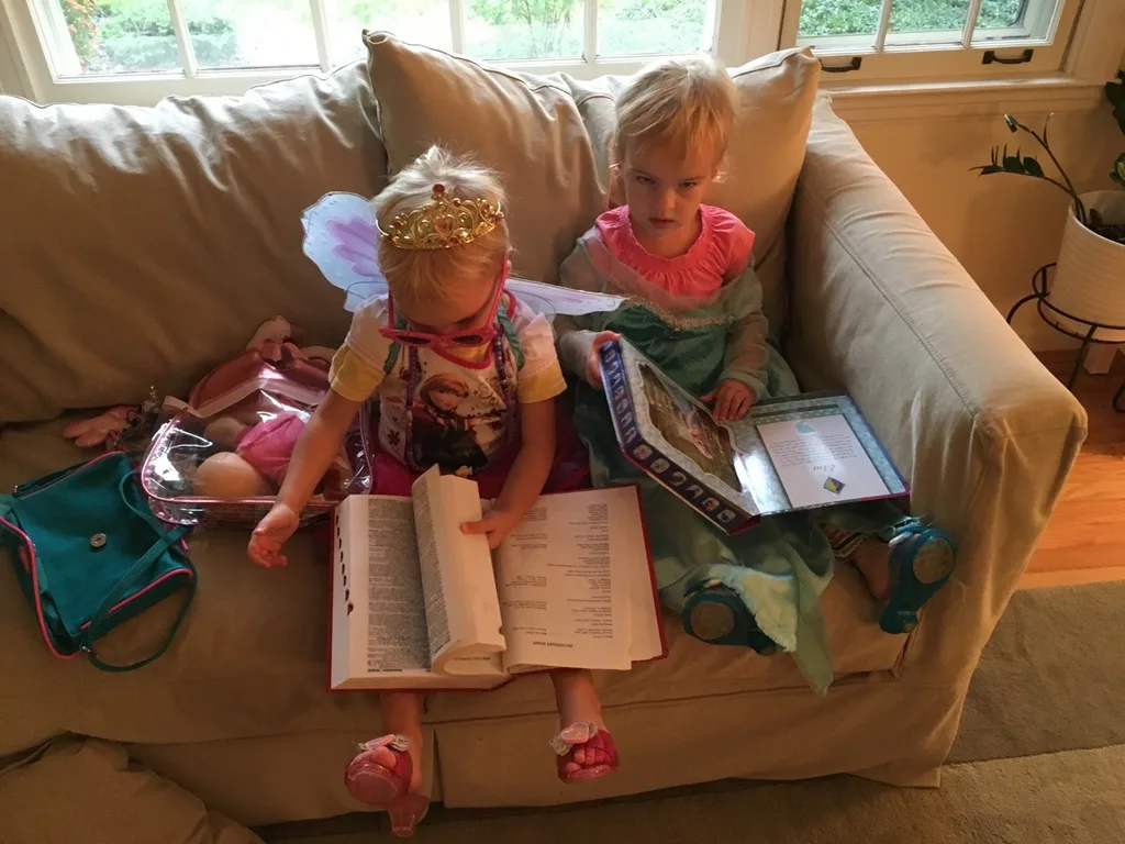 Fun activities for a rainy morning: playing dress-up, reading the dictionary, reviewing recipes, helping to make pumpkin bread, and coloring.