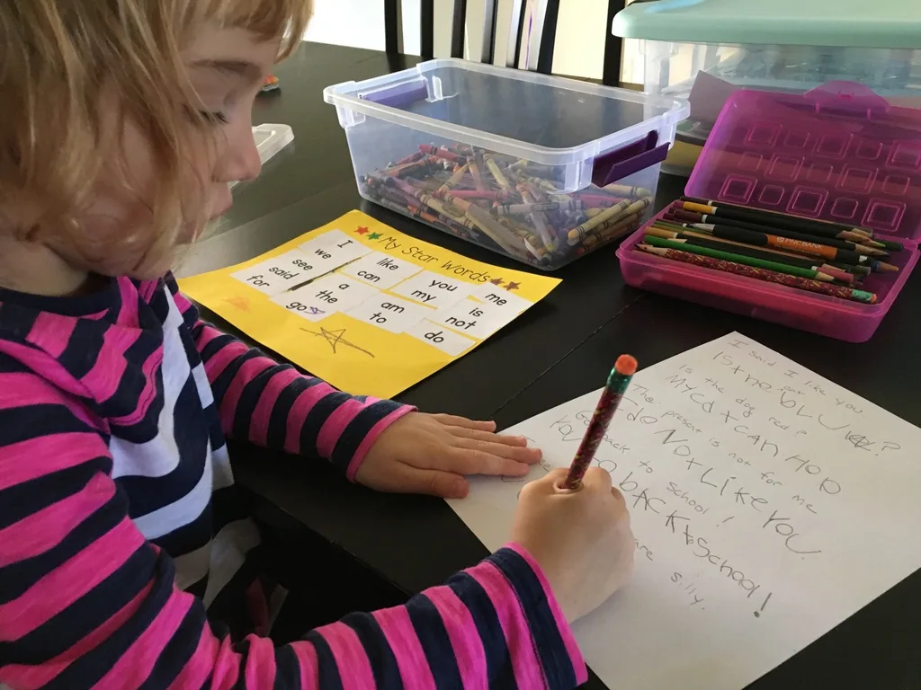 Two months ago, she could not read or write much. Now she’s writing sentences with star words, and trying to figure out how to read and spell words phonetically. Kindergarten learning is pretty awesome!