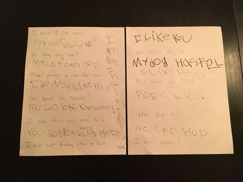 Two months ago, she could not read or write much. Now she’s writing sentences with star words, and trying to figure out how to read and spell words phonetically. Kindergarten learning is pretty awesome!