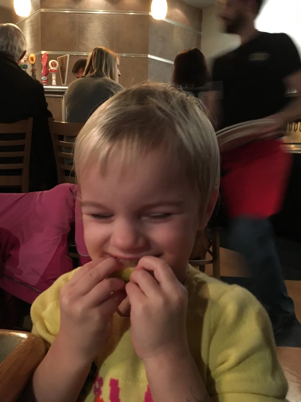 We had a great time eating dinner out at Dewey’s Pizza! The pizza was delicious. Gwen enjoyed watching football and everyone tried a lemon.