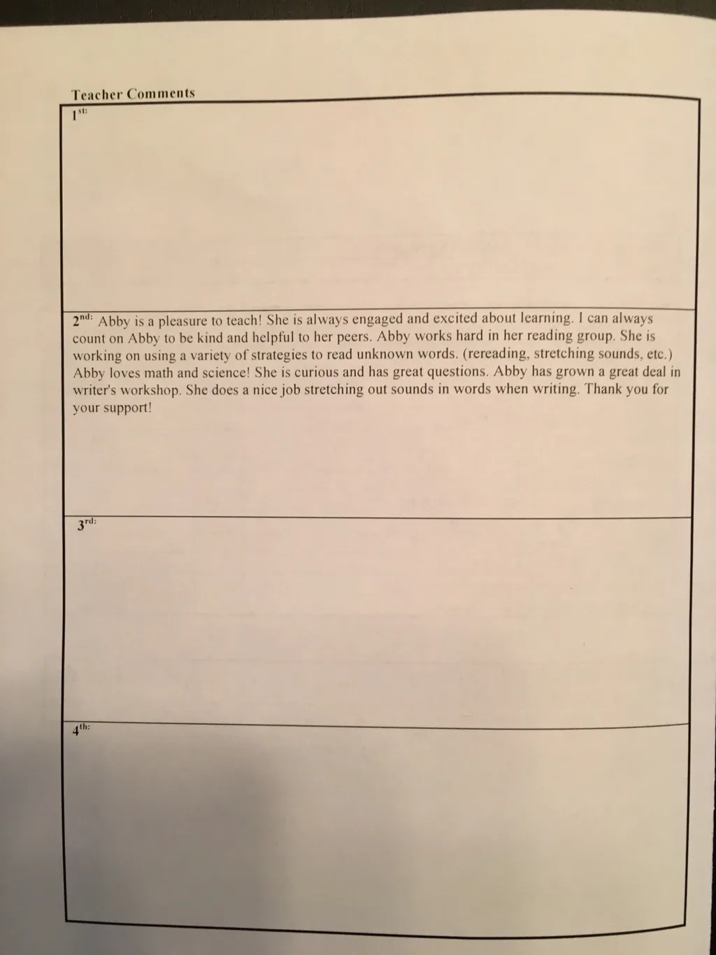 Abby’s first report card