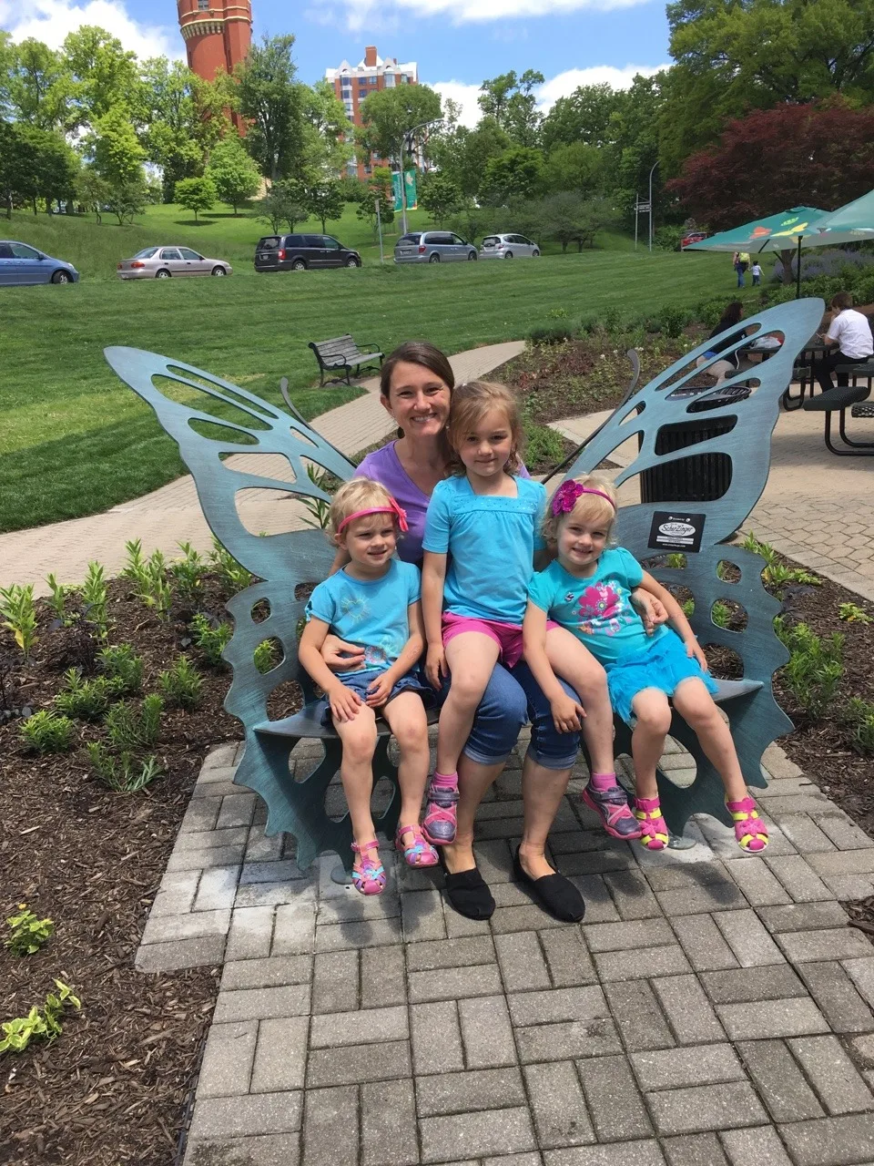 Adventure #2: our visit to the Butterfly Show at Krohn Conservatory. The matching blue shirts were a happy accident. The butterflies seemed to like this color, and they really liked Gwen and Josie’s flower headbands. The girls were often surprised when butterflies landed on them.