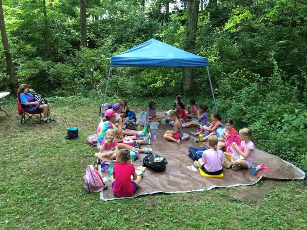Our first two days of Girl Scout camp at French Park were super fun! The girls hiked, tie-dyed t-shirts, played games like “drip drip drench,” made wind chimes, painted, sent PAs to “jail,” and more. Three more days to go – and tomorrow Gwen and Josie get to join the fun!