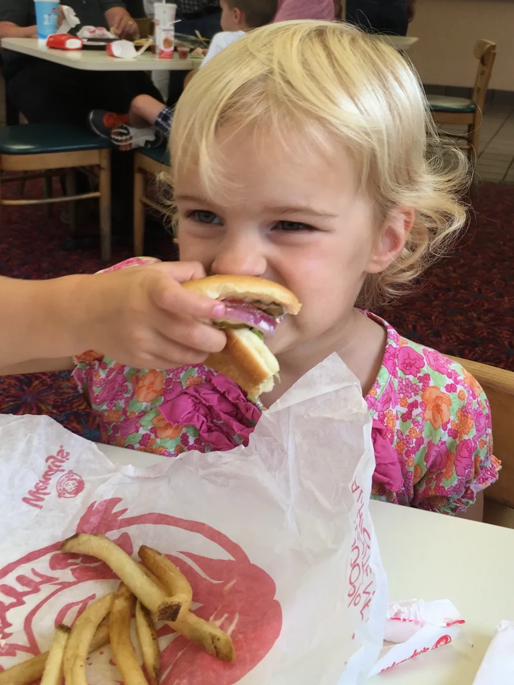 After a long time of only ordering fries, Gwen, our cheeseburger lover, finally convinced Josie to try a junior cheeseburger deluxe. Josie declared it to be “the best cheeseburger ever!” However, she ordered it with “none of that brown stuff.”