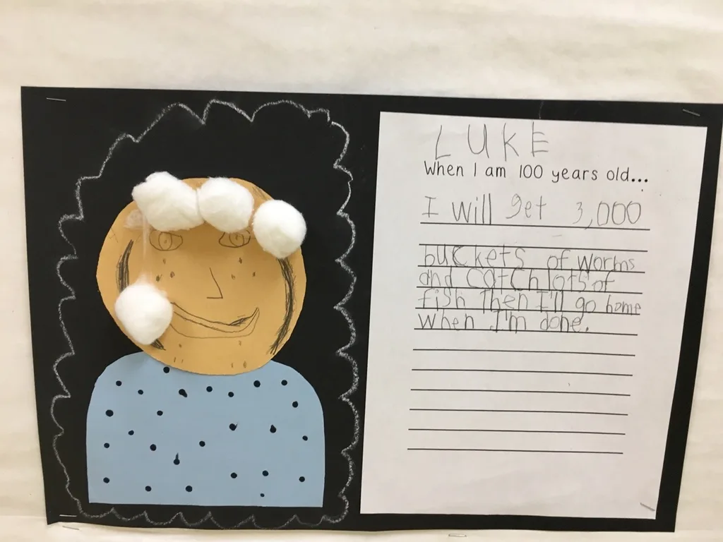 Abby’s class celebrated their one hundredth day of school on Tuesday. I got a nice chuckle out of the art hanging in the hallway today.
