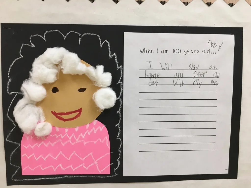 Abby’s class celebrated their one hundredth day of school on Tuesday. I got a nice chuckle out of the art hanging in the hallway today.