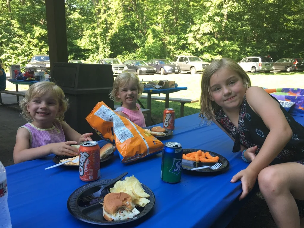These girls enjoyed two hikes in one day! The second was a shorter one at Joey’s high school graduation picnic party at Sharon Woods. They really liked the Lone Meadow Woods shelter with easy creek access and a sand volleyball court.