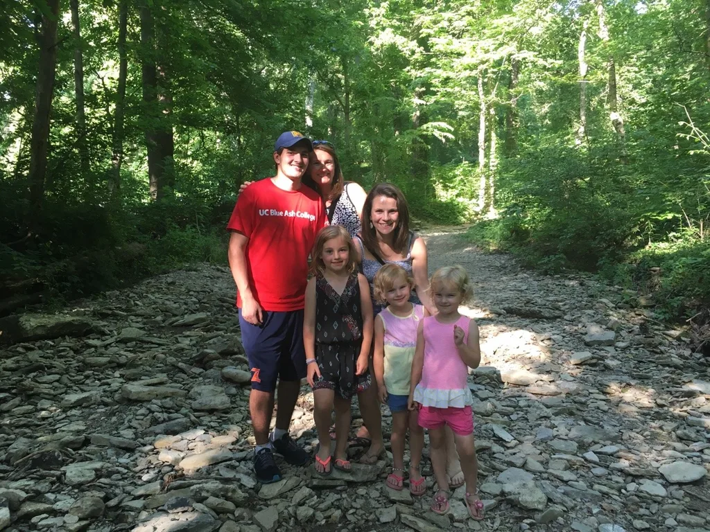 These girls enjoyed two hikes in one day! The second was a shorter one at Joey’s high school graduation picnic party at Sharon Woods. They really liked the Lone Meadow Woods shelter with easy creek access and a sand volleyball court.