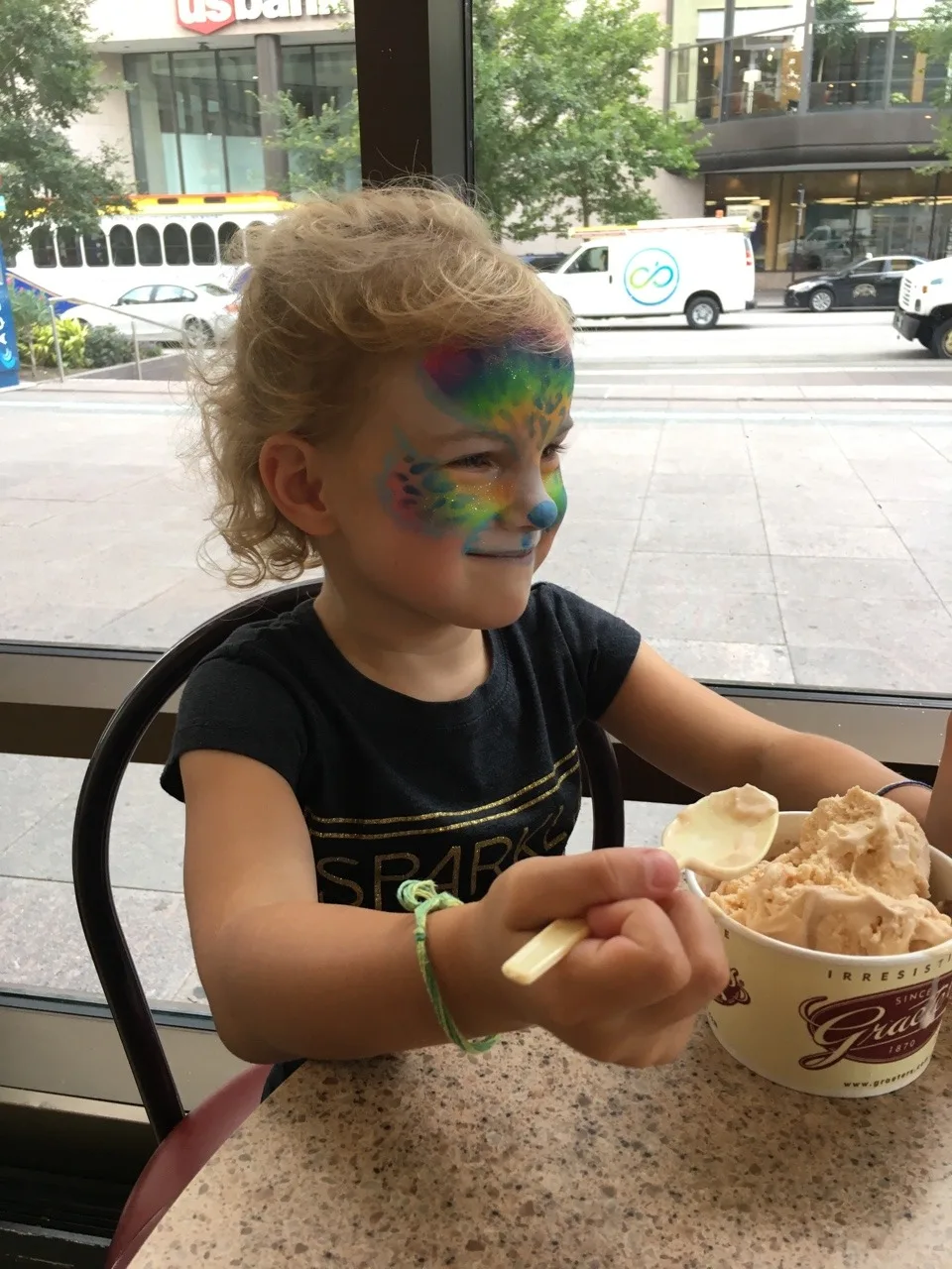 Girl date #5: Since it was storming this morning, Gwen and I decided we would just stay home and do some experiments from her new kids science book. After prepping one, she was ready to go to the Contemporary Arts Center and “do what Josie did last week.” Much to our surprise, it had not even rained downtown! We ended up having a great time, and discovered free face-painting and games at Smale. Gwen was delighted!