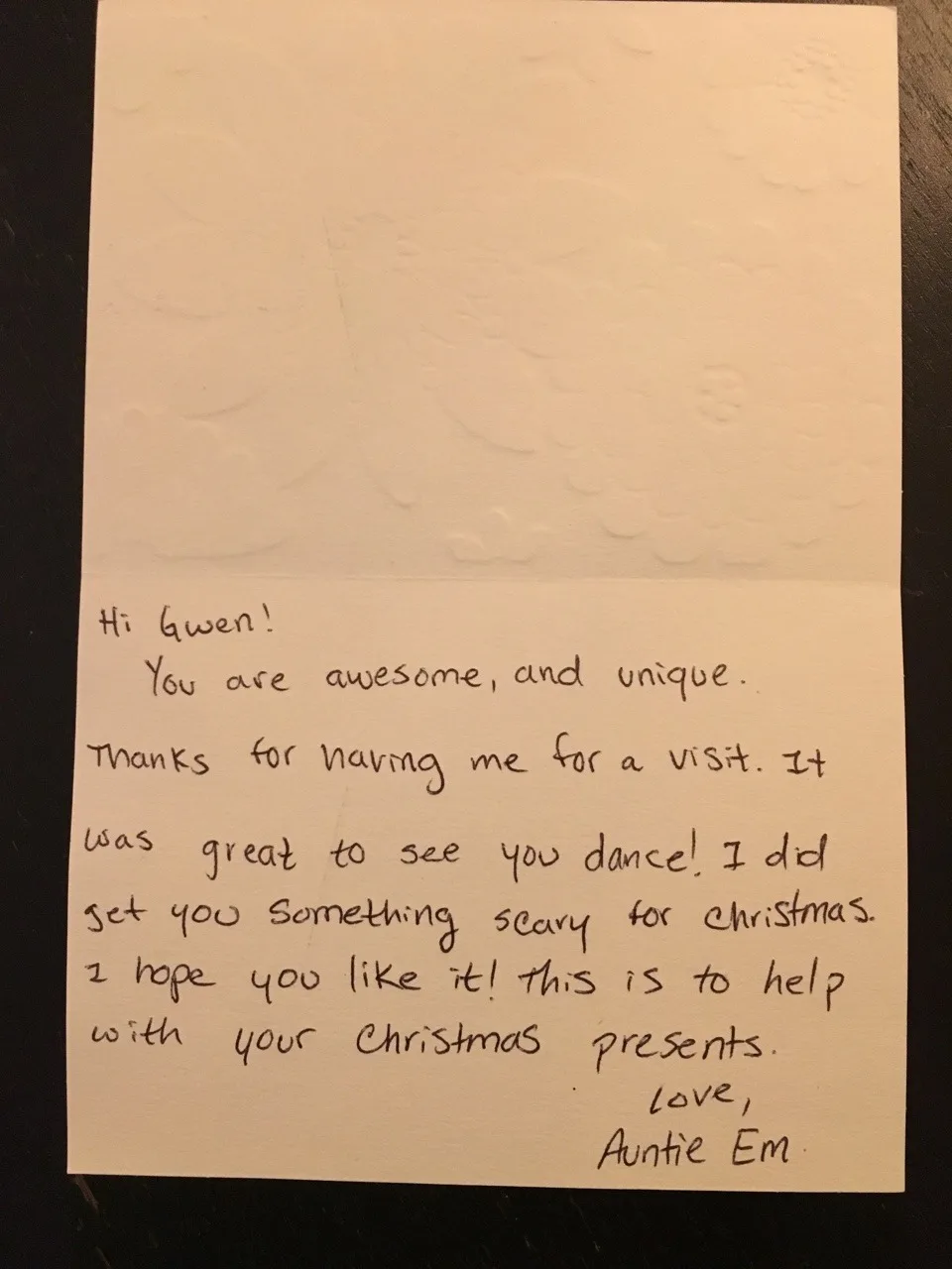 The girls all received letters from Auntie Em. Gwen wrote back right away!