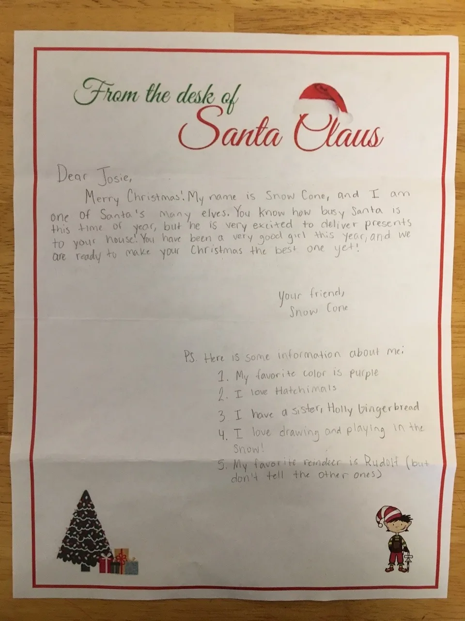 The girls loved receiving these responses to their letters to Santa. They all agreed that Abby’s elf might be feeling too rushed this year.