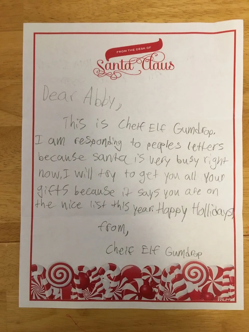 The girls loved receiving these responses to their letters to Santa. They all agreed that Abby’s elf might be feeling too rushed this year.