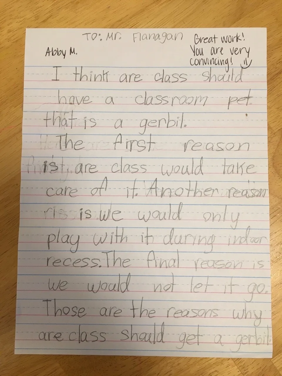 Abby’s letter to Principal Flanagan. We hoped letting our cats upstairs would calm her desires, but it seems she’s just shifted them elsewhere.