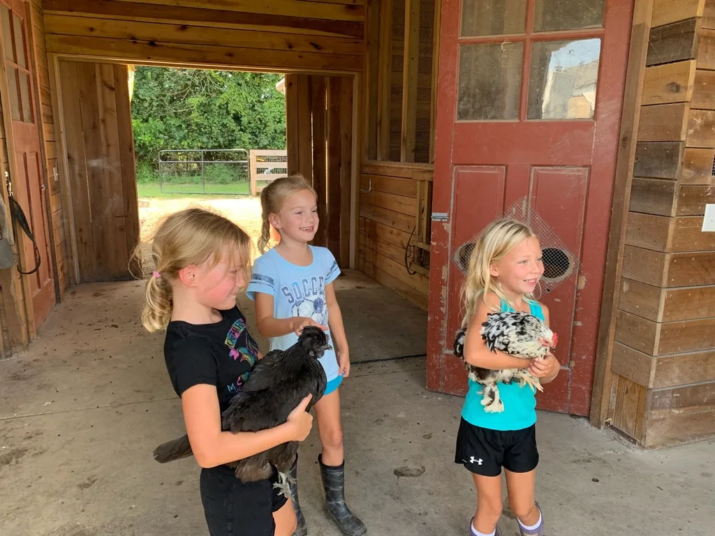 These girls love visiting Stella, Ruby, and their chickens.