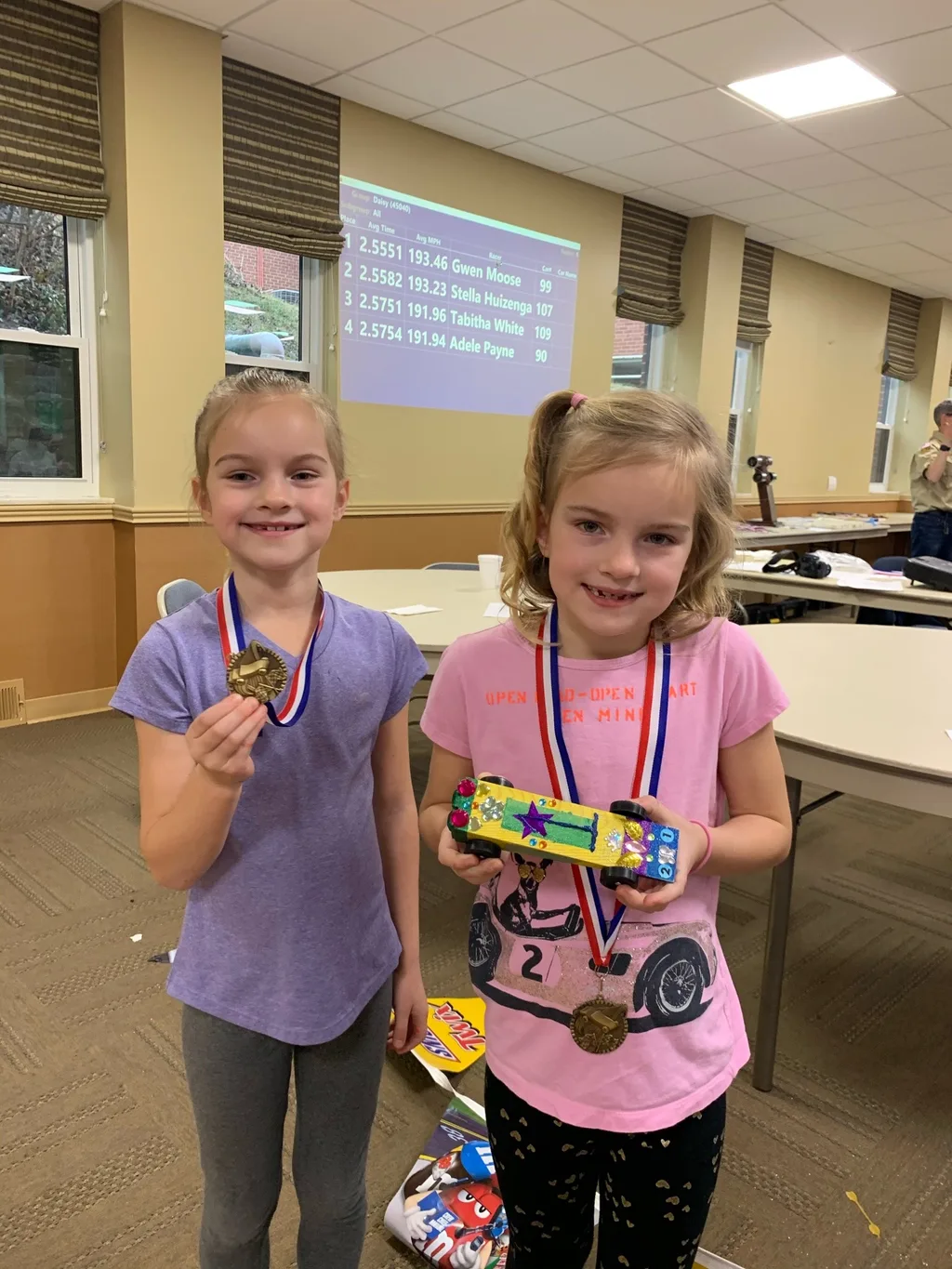 Gwen’s car won first place, and Josie’s car won the “most creative” design medal for their troop. Abby’s car won “most original design” for her troop. And Gwen’s car came in second place in the best of Madeira race for this year’s Madeira Pinewood Derby!