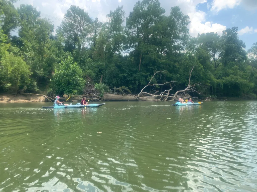Today felt like a vacation! We went kayaking (five miles!) for the first time, and the girls loved it! Josie and Gwen took to it right away. Gwen initially freaked out about the “rapids” but eventually came around and even helped us get unstuck from a rapid by the end of our adventure.