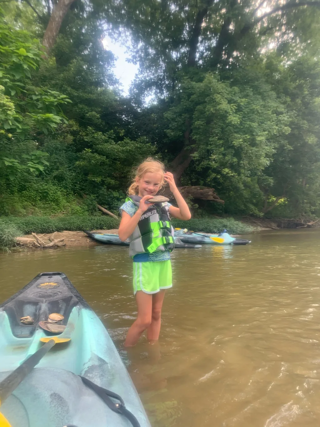 Today felt like a vacation! We went kayaking (five miles!) for the first time, and the girls loved it! Josie and Gwen took to it right away. Gwen initially freaked out about the “rapids” but eventually came around and even helped us get unstuck from a rapid by the end of our adventure.