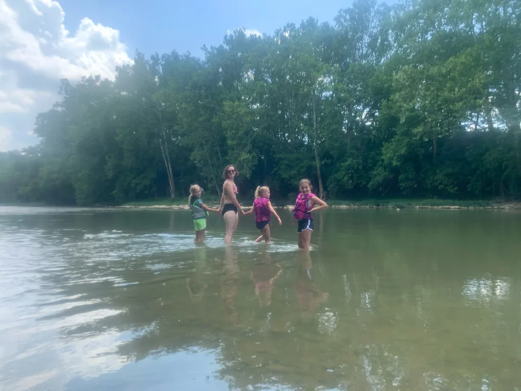 Today felt like a vacation! We went kayaking (five miles!) for the first time, and the girls loved it! Josie and Gwen took to it right away. Gwen initially freaked out about the “rapids” but eventually came around and even helped us get unstuck from a rapid by the end of our adventure.