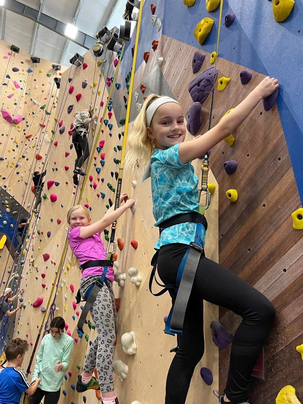 Just as much fun a second time - this time with friends and seasoned belayers! They were all fearless, but especially Gwen (who lit up when Clara mentioned that another facility has a kids climbing team).